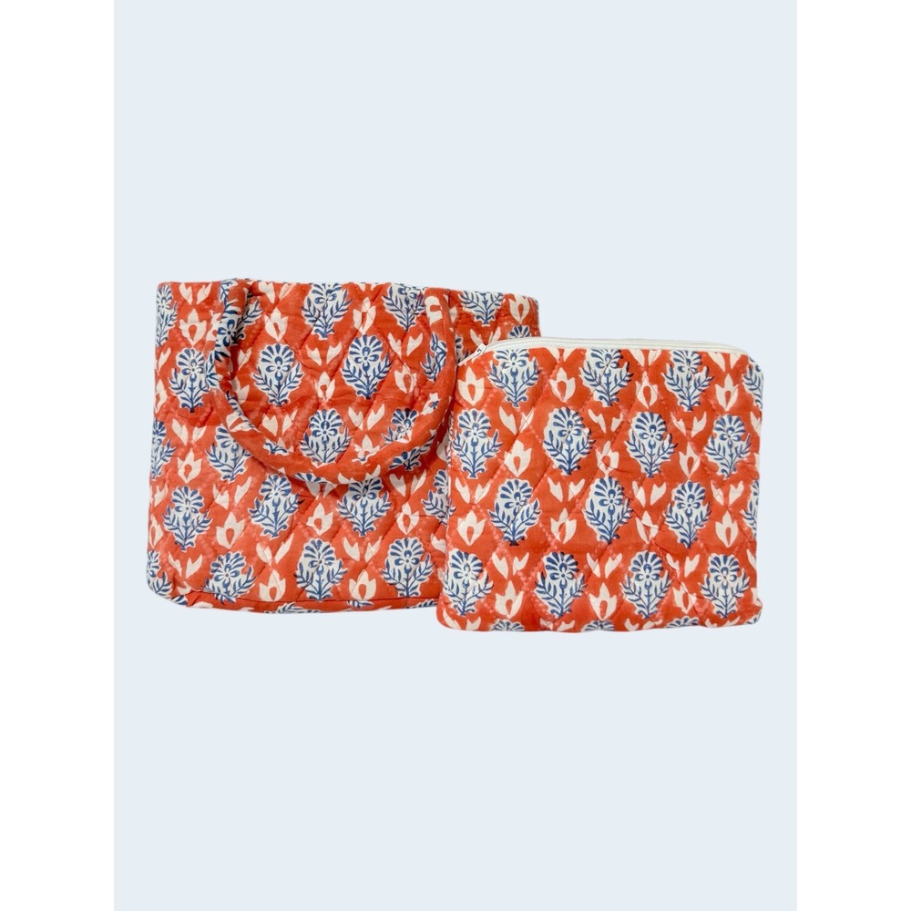 Singhvi Jewels 2 pc Small Tote and Cosmetic Bag Set Orange Blue‎ Floral Dewberry